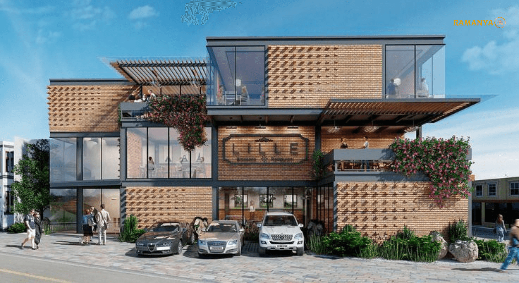 Modern brick building with greenery.