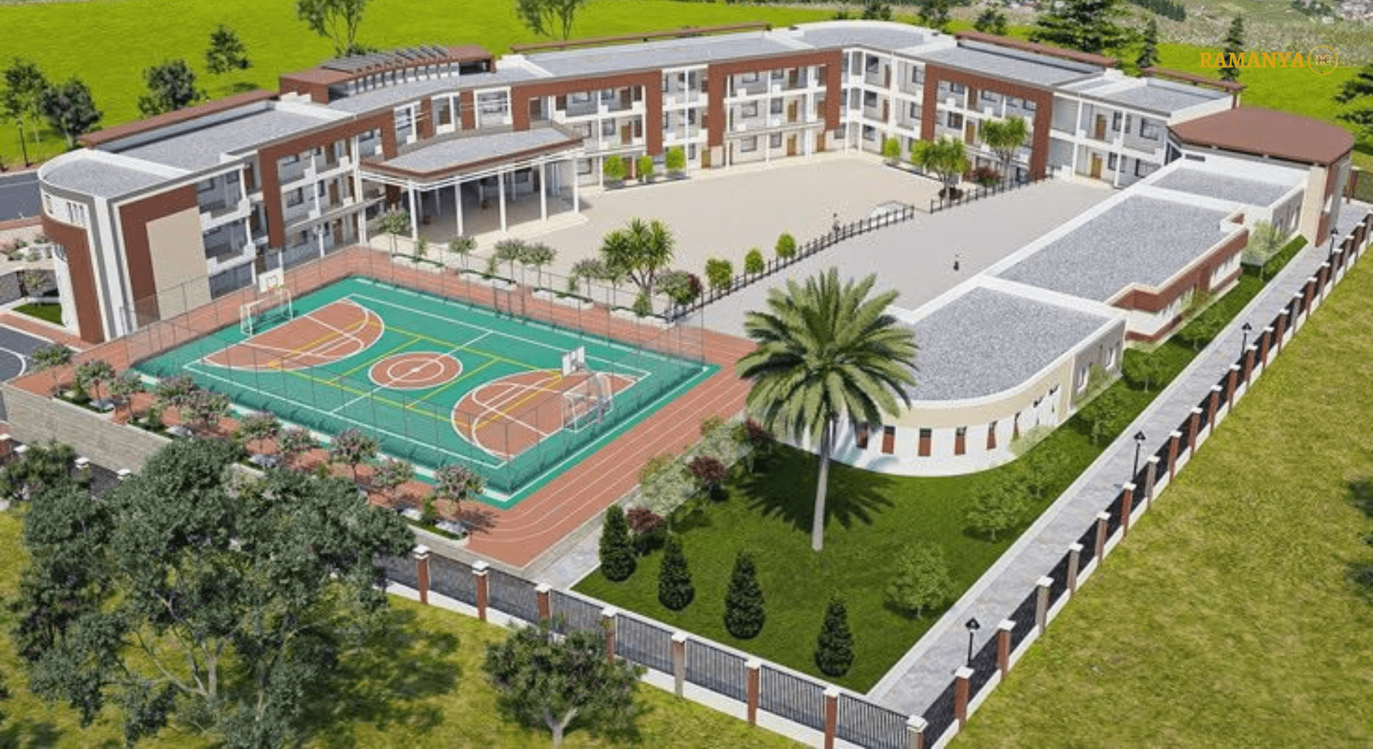Modern school building with sports court
