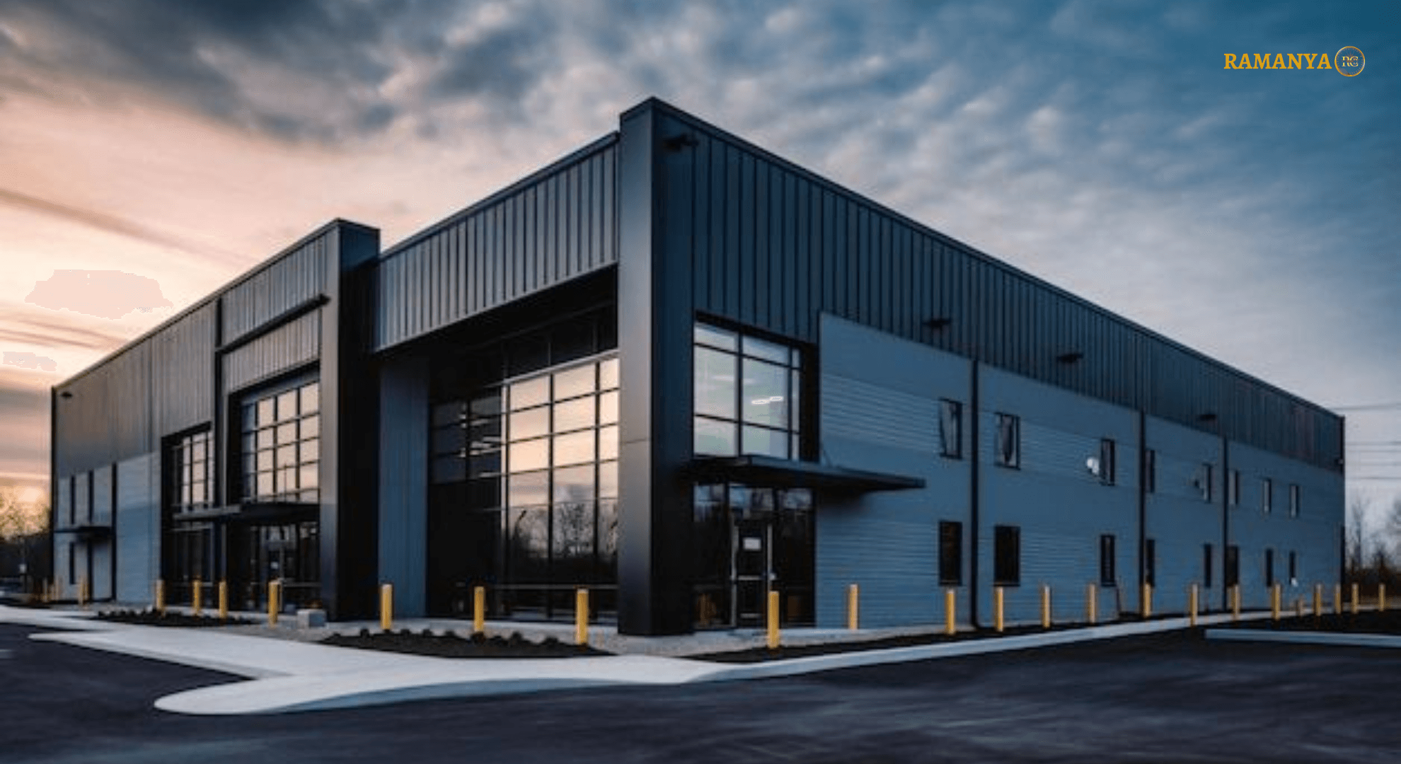 Modern industrial building at dusk